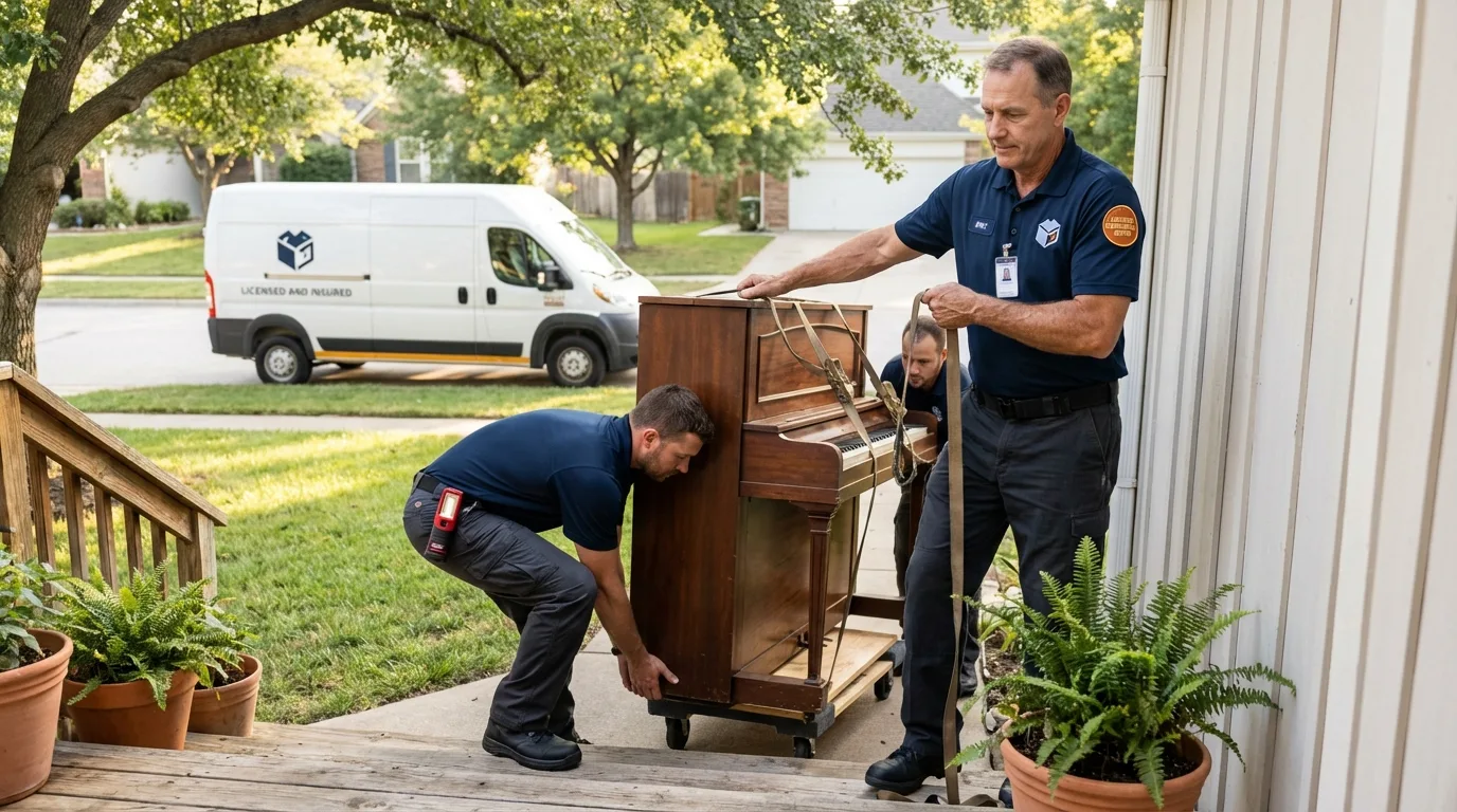 Licensed piano movers securing grand piano in Roaring Spring, PA