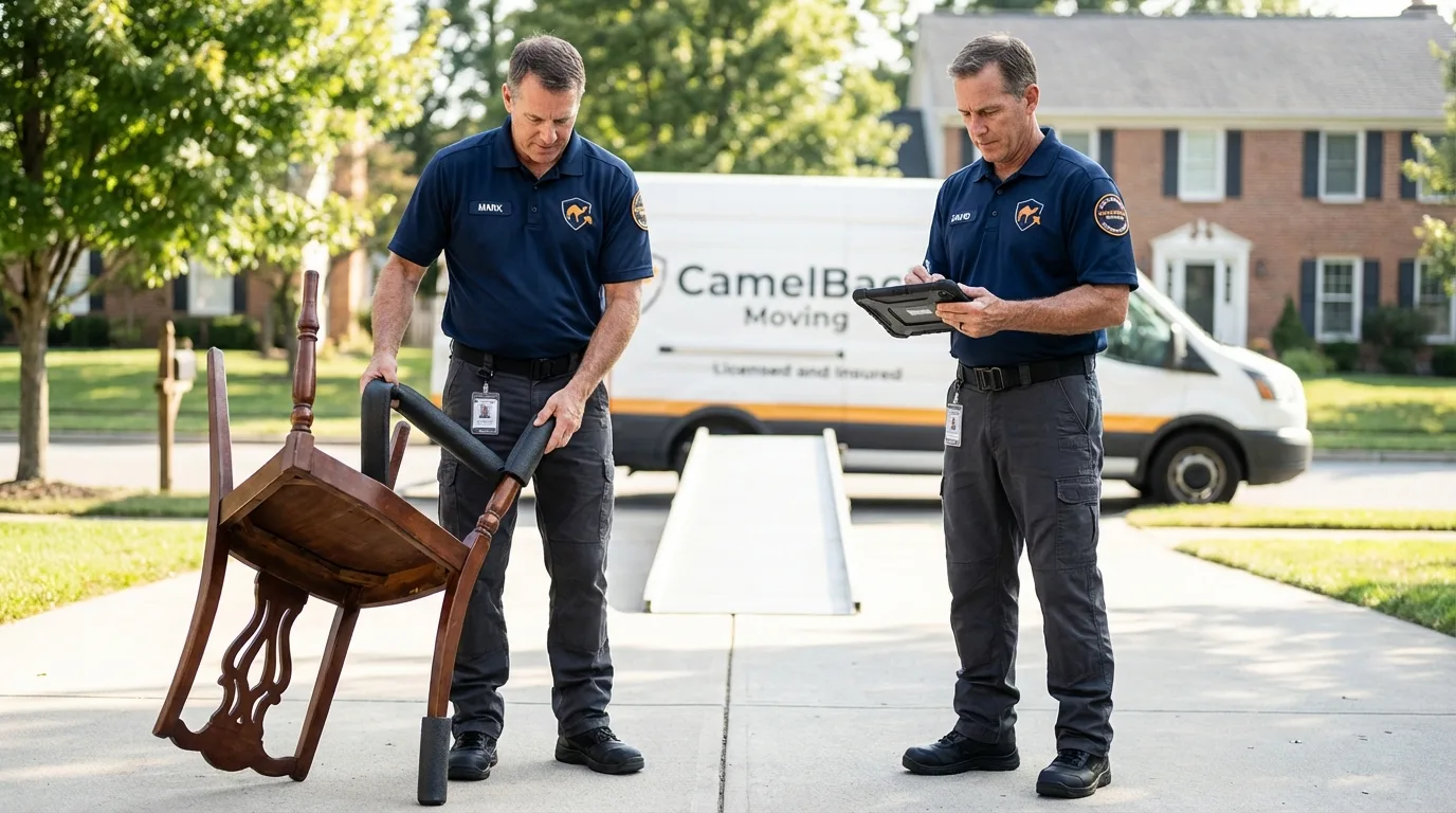 Movers inspecting furniture for damage prevention before loading in Roaring Spring, PA